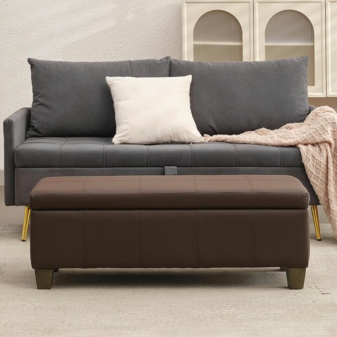 41" Storage Ottoman, Storage Bench with Safety Hinge, Upholstered Synthetic Leather Ottoman Bench for Bedroom, Living Room, Entryway, Hallway, Foot Rest, Support 500lbs, Brown