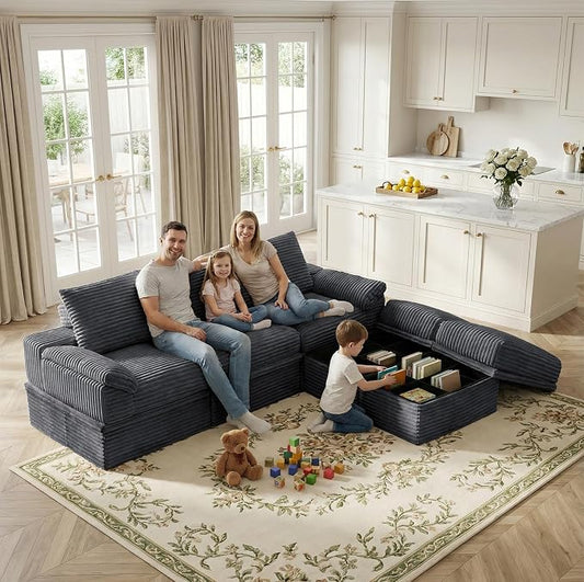 107" Modular U-Shaped Sectional Sofa with Storage, 3-Seat Corduroy Boneless Couch, 27" Deep Seat Cloud Couch & 2 Movable Ottoman, Tool-Free Assembly, Couch for Living Room, Grey