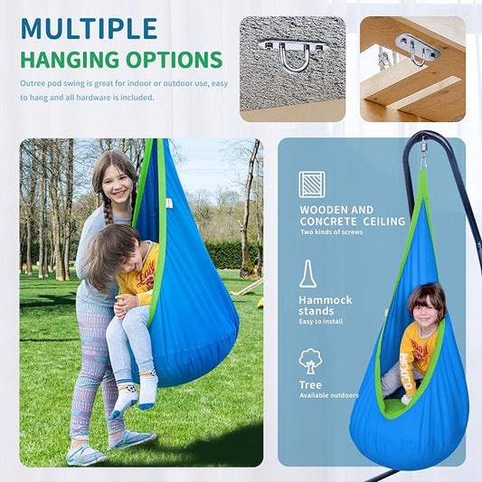 OUTREE Kids Pod Swing Seat, Cotton Child Hammock Swing Chair, Sensory Swing for Indoor and Outdoor Use, Blue