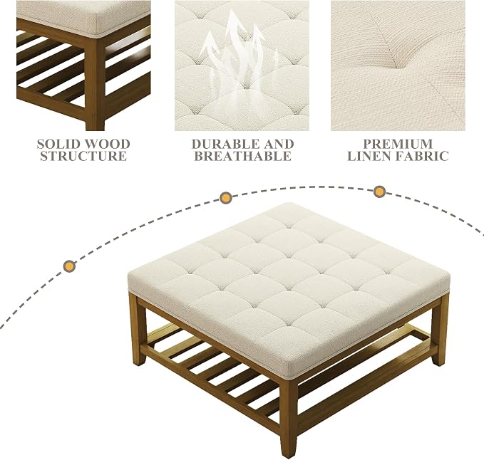 Befurtori Large Square Ottoman Coffee Table, Linen Solid Upholstered Footrest Ottoman with Solid Wood Shelf Storage Tufted Coffee Table for Bedroom Living Room, Ivory