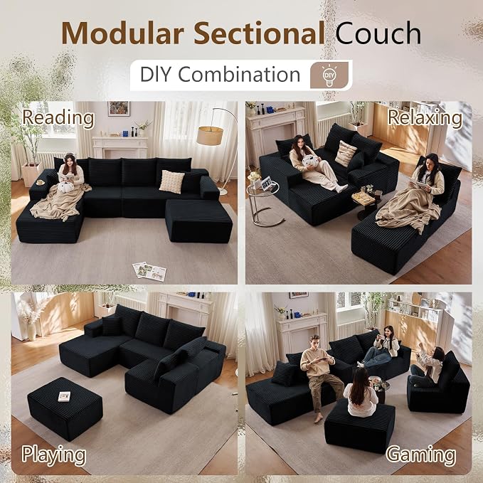 135" Modular Sectional Sofa with U Shaped Chaise, Upholstered Couches for Living Room with Deep Seat, No Assembly Required, Corduroy Cloud Couches, Black (Left-Facing Chaise