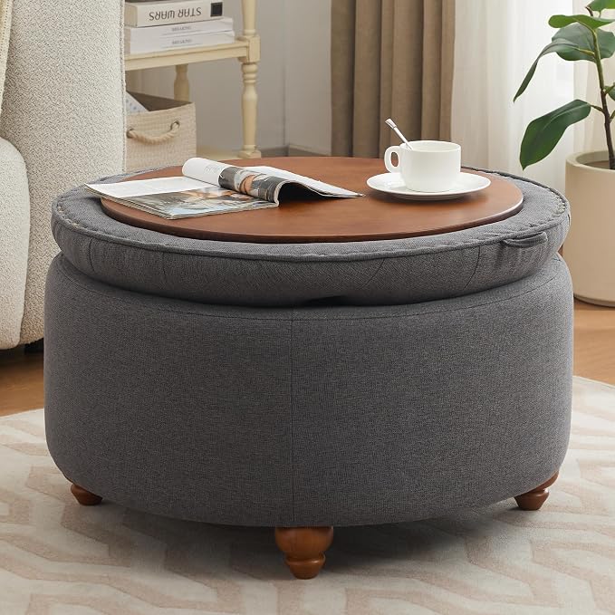 WUTUTUEE 30Inch Round Storage Ottoman with Tray, Modern Tufted Fabric Circle Coffee Table with Storage, Upholstered Ottoman with Removable Top for Living Room, Bedroom, Dark Grey