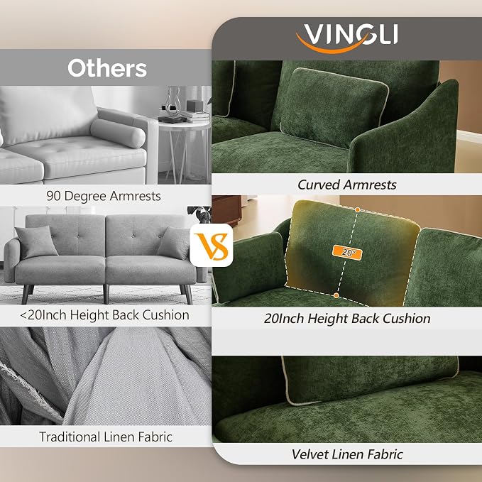 VINGLI 84" Extra Deep Seat Sofa Couch, 3 Seater Upholstered Living Room Couches with 2 Piped Seater Cushions, Throw Pillows, Modern Linen Velvet Fabric Sofa for Apartment Bedroom Office