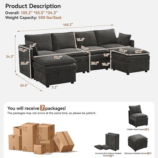 105" Cloud Modular 4 Seater Sofa with 2 Storage Ottoman, Modern Upholstered Sofa Storage Sofa Couch Deep Seat, U Shape Sectional Sofa Chenille Comfy Couch with Armrests for Living Room, Dark Grey