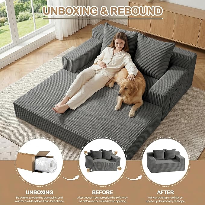 Boneless Loveseat Small Couch Bed, Futon Sleeper Sofa Bed,Convertible Pull Out Couch with 2 Pillows,Corduroy Folding Floor Couch for Living Room,No Assembly Required,Grey