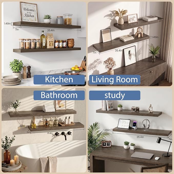 Floating Shelves for Wall, Bathroom Shelves Over Toilet, Wall Shelves & Book Shelf for Room, Hanging Shelf, Modern Wooden Mounted Floating Shelves, 36x7x1.5 in (Smoke Gray, Set of 2)
