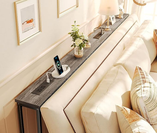 SUPERJARE 78.8 Inch Narrow Console Table with Outlet, Sofa Tables, Behind Couch Table, Long Entryway Tables with Charging Station, for Living Room, Charcoal Gray