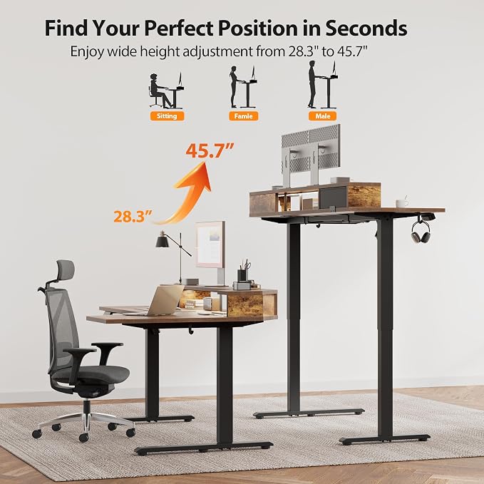 Agilestic 63 Inch L Shaped Electric Standing Desk with Shelf, Height Adjustable Large Desk with Power Outlets & LED, Corner Sit Stand Up Table with Monitor Stand, Computer Workstation, Rustic Brown