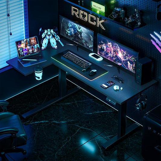 Muvai 59 Inch L Shaped Standing Desk Adjustable Height with Cable Management Tray,Gaming Electric Corner Standing Desk, Sit Stand Computer Table with Reversiable Splice Board, Black Carbon