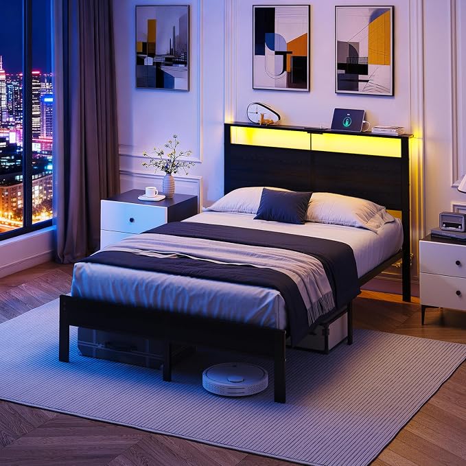 Full Size Metal Bed Frame with Storage Headboard, LED Lights and USB Charging Ports, Noise Free Platform Bed with Sturdy Slats, No Box Spring Needed, Easy Assembly