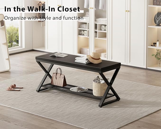 LVB Black Entryway Bench with Storage, Indoor Shoe Bench with Seating for Hallway, Accent Storage Bench for Living Room Bedroom, Simple Small Shoe Rack Benchs for Foyer Entrance, Black Oak, 39 inch