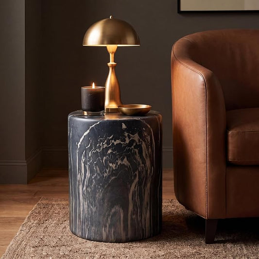 JONATHAN Y Black Marble Polyresin Accent Table, 13" x 16.75" Modern Minimalist Column Side Table, Indoor/Outdoor Faux Marble Pedestal End Table & Plant Stand TBL1101C