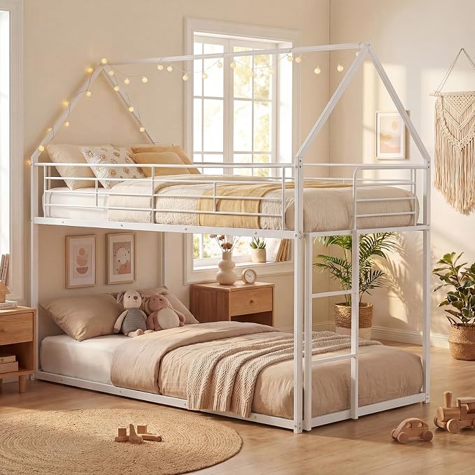 Giantex Twin Over Twin Metal Bunk Bed, House-Shaped Bunk Bed Frame with Safety Guardrail & Roof, Heavy-Duty Kids Floor Bed with Metal Slats for Boys Girls, No Box Spring Needed (White)