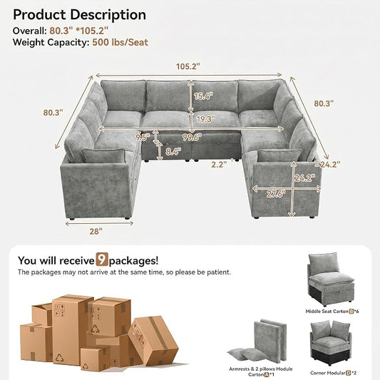 105" Light Grey Oversized Modular Storage Sofa, U Shaped Chenille Couch | Oversized Convertible Sectional Sofa, 8-Seat Sectional Couch With Armrests, Large Cloud Couch For Living Room, Apartment.