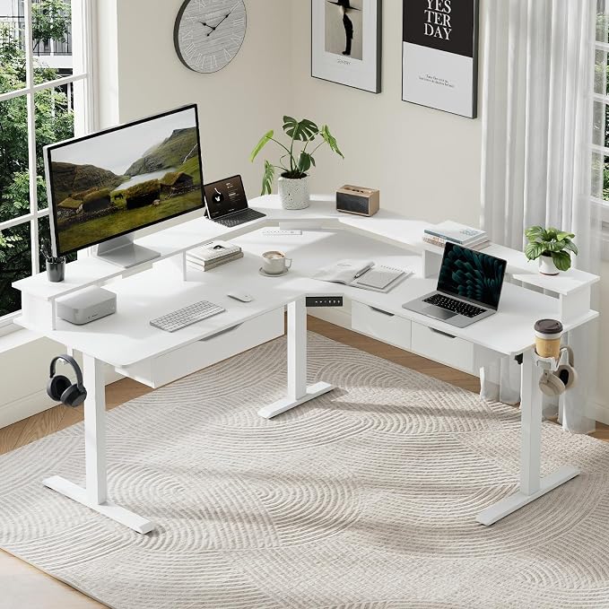 MALOL 59" L Shaped Electric Standing Desk with Drawers, Height Adjustable Desk with Power Outlets & LED Lights, Monitor Stand, Corner Computer Desk for Home Office, White