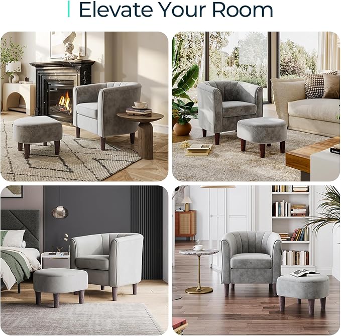 LINSY Accent Chair Set of 2, Velvet Barrel Chair with Ottoman, Modern Comfy Small Armchair for Small Spaces Reading Room Living Room Bedroom Kids Room Office, Grey