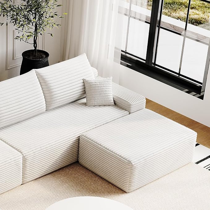 135" U Shaped Sectional Couch with Ottoman, Large Sectional Couches for Living Room, Plush Corduroy Convertible Sleeper Sofa, Compressed Foam Sofa in a Box No Assembly, Left Facing Chaise, White