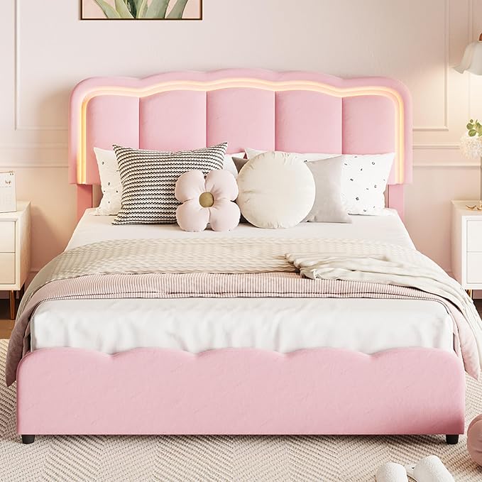 Garvee Full Size Bed Frame with 2 Storage Drawers and LED Lights, Upholstered Platform Full Bed with Adjustable Headboard, Wooden Slats Support, No Box Spring Needed, Easy Assembly, Pink