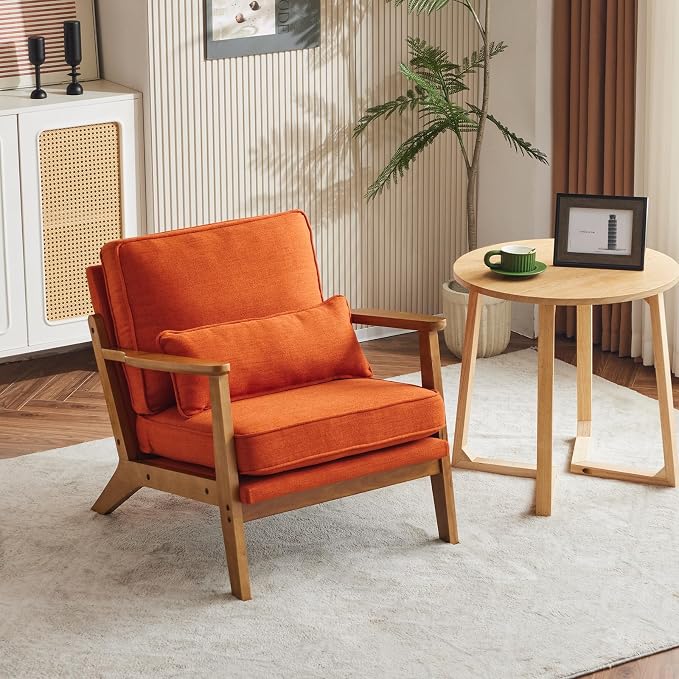 VINGLI Solid Wood Wide Armrests Accent Chair,Upholstered Mid Century Modern Chair with Pillow,Comfy Reading Chair Farmhouse Arm Chair,Chairs Living Room,Bedroom,Guest Room,Linen Fabric,Burnt Orange