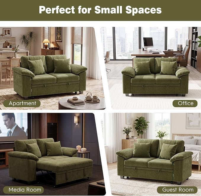 Ihanherry 61" Loveseat Sleeper Sofa, 2-in-1 Pull Out Couch Bed with 2 Pillows, Chenille Convertible Sofa Bed, Small Space Sleeper Couch for Living Room Apartment (Green)