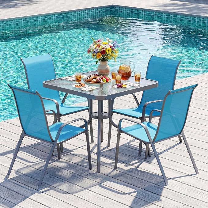 TLSUNNY Patio Dining Set 5 Pieces, All Weather Outdoor Furniture W/30"X 30" Table and 4 Stackable Textilene Chairs, Metal Table and Chairs for Lawn, Garden, Poolside, Backyard (Umbrella not Included)