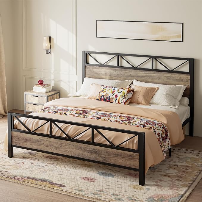 LIKIMIO California King Bed Frame, Tall Industrial Headboard 51.1 ", Platform Bed Frame with Strong Metal Support, Solid and Stable, Noise Free, No Box Spring Needed, Easy Assembly, Rustic Maple