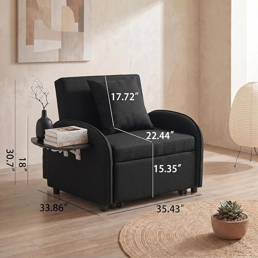 3-in-1 Convertible Sleeper Bed, Pull Out Single Sofa Bed with Adjustable Backrest, Foldable Recliner Sofa with Side Table & USB Port, Sleeper Chair for Living Room, Home Office, Black