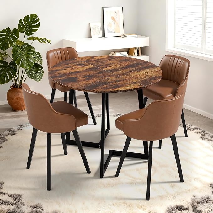 VINGLI Round Dining Table for 2-4, 35in Modern Dining Room Table with Cross Leg, Rustic Brown Wooden Kitchen Table, Space-Saving, Small Space Circle Dinette for Home, Kitchen, Apartment