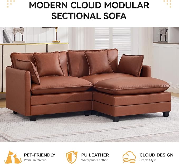 76'' Cloud Deep Seat Loveseat Sofa, Upholstered Leather Modular 2-Seats Sectional Sofa Couch with Movable Ottoman, Modern Comfy Settee Loveseat for Living Room Set, Small Apartment,Leather Brown