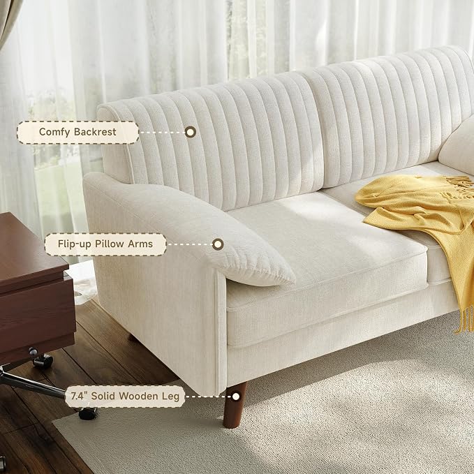 ONBRILL 64.5" Loveseat Sofa, Chenille Loveseat Couch for Living Room, 23.2" Deep Seat Love Seat with Padded Arms, Comfy Modern Small Couches for Bedroom, Small Spaces, Dorms, Office, Beige