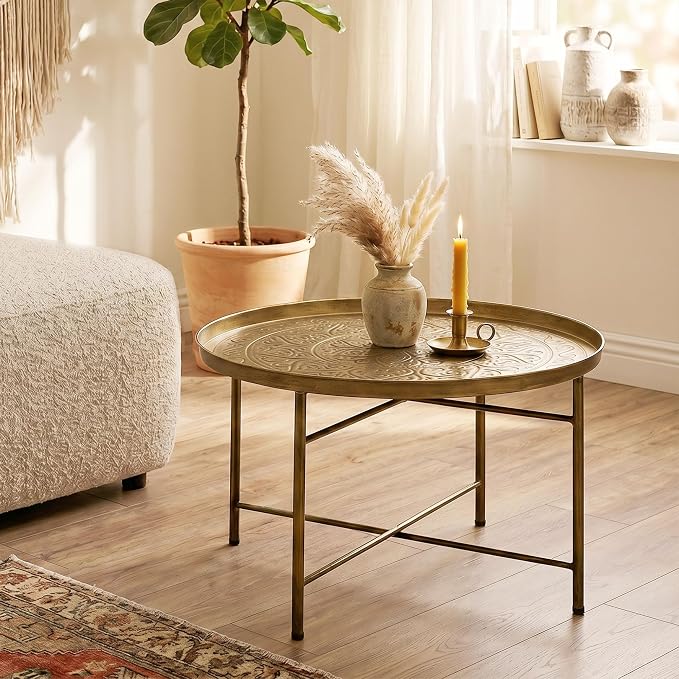 HOMCOM 24" Round Coffee Table with Hammered Tray Top, Vintage Metal Center Table for Living Room, Bedroom, Side Table, Gold