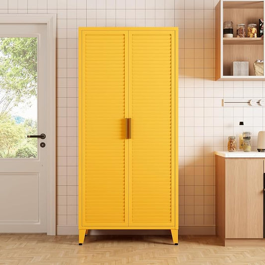 61" Tall Yellow Kitchen Pantry Cabinet, Farmhouse Metal Pantry Storage Cabinets, with 2 Louvered Door and 3 Adjustable Shelves, Multipurpose Storage Organizer, for Home, Entryway, Kids Room