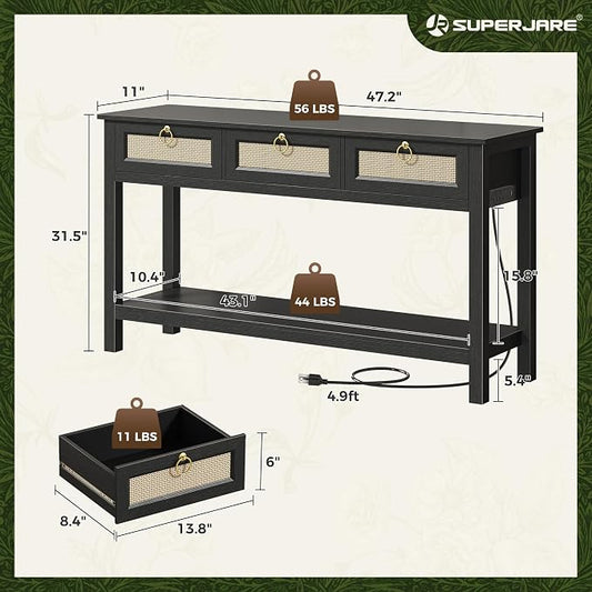 SUPERJARE Rattan Console Sofa Table with Outlets and USB-C Port, 3 Drawer Entryway Table with Synthetic Rattan Surface, Open Shelf, Behind Couch Entry Foyer Hallway Storage, Black