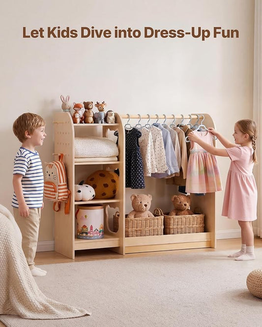 VEVOR Kids Dress Up Storage, with Mirror, Wooden Kids Dress Up Rack, Toddler Wardrobe Closet for Little Girls, Storage Armoire, Costume Organizer, Children Playroom Furniture, for Bedroom, Natural