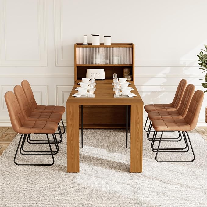 HIPIHOM Dining Table Set for 6, Extendable 86.6" with Storage | Space-saving MDF Kitchen Table with 6 Upholstered U-shaped Brown Chairs, Ideal for Apartment, Living Room