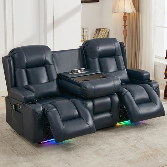 URRED Power Loveseat Recliner Sofa with Massage and Heat, Wall Hugger Reclining Loveseat with Console, RV Couch Home Theater Seating with LED Lights for Living Room (Dark Blue, 76.8" - 3 Seats)