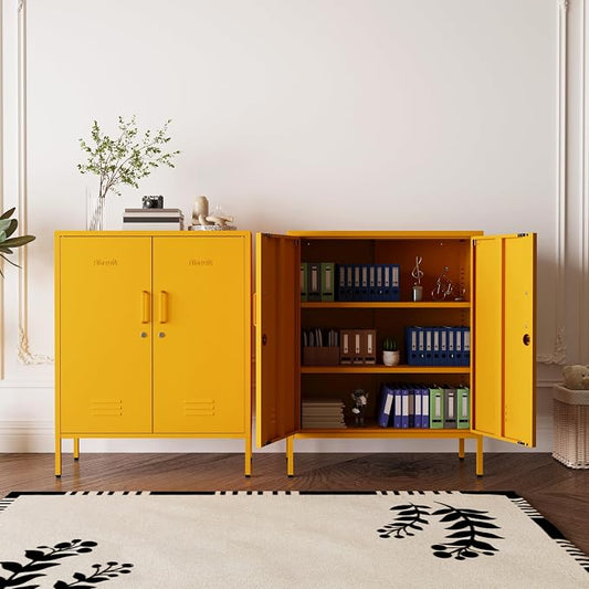 Yellow 3 Tier Metal Storage Cabinet with Legs, Lockable 2 Door Metal Locker, Heavy Duty Multipurpose Accent Storage Cabinet with 2 Adjustable Shelves for Home, Office, Entryway and Hallway