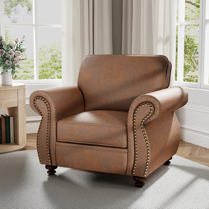 Couchus Vintage Accent Chair with Rivet Decoration, Traditional Upholstered Armchair, Living Room Chair, Rustic Single Sofa Chair for Bedroom, Reading Room & Office(Caramel Rust, Single)