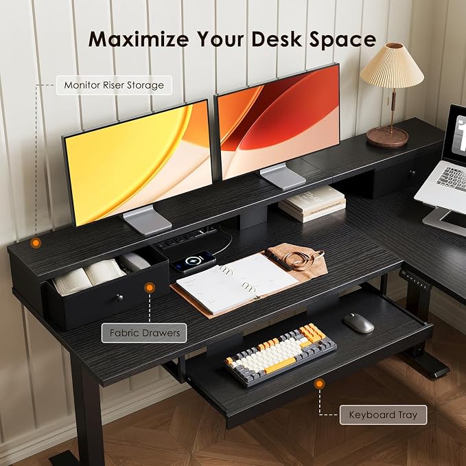 OffiGo 59 Inch L Shaped Electric Standing Desk with Drawers, Height Adjustable Corner Computer Desk with Keyboard Tray & Monitor Stand, Stand Up Table for Home Office Workstation, Black