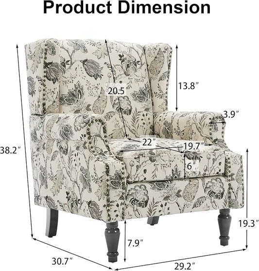 Floral Print Wingback Accent Chair, Retro Modern Farmhouse Armchair with High Back, Tufted Nailhead Trim & Solid Wood Legs, Upholstered Comfy Reading Chair for Living Room Bedroom Office, Plants Beige
