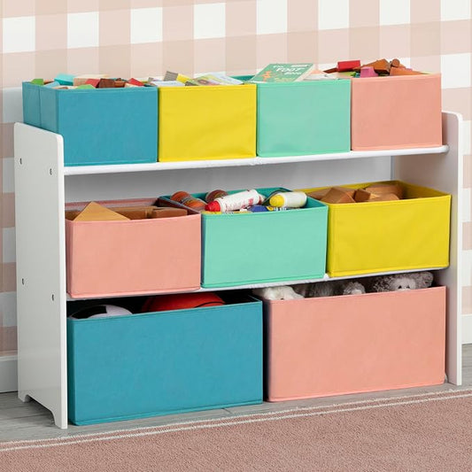 Delta Children Deluxe Multi-Bin Toy Organizer with Storage Bins - Greenguard Gold Certified, White with Blue/Orange/Pastel Bins