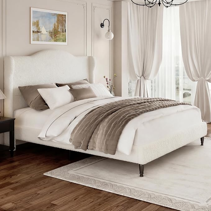 Queen Bed Frame with Wingback Headboard, Upholstered Boucle Platform Bed Frame, Solid Wooden Slats Support, Noise-Free, No Box Spring Needed, Soft Cloud Bed for Bedroom, Cream