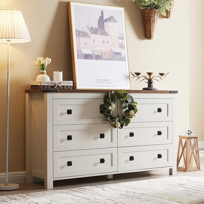 T4TREAM 54" Wide Farmhouse 6-Drawer Dresser for Bedroom, Antique White | Rustic, Wood Storage Cabinet, Metal Handle, Unique Corner Accent, Bedroom, Living Room, Hallway