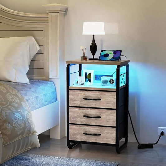 runjuly Bed Side Table with 3 Fabric Drawers, Night Stand with Charging Station, LED Nightstand with Hooks, Bedside Table End Tables with Storage, Night Tables for Bedroom (Beige)