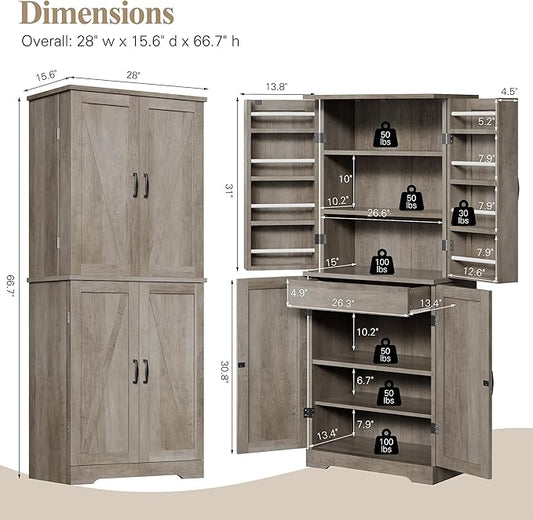 Vongrasig Kitchen Pantry Storage Cabinet with Barn Doors, Drawer and Adjustable Shelves, 6-Tier Tall Rustic Wood Cupboard Locker for Kitchen, Dining Room, Living Room, Bathroom, Rustic Grey