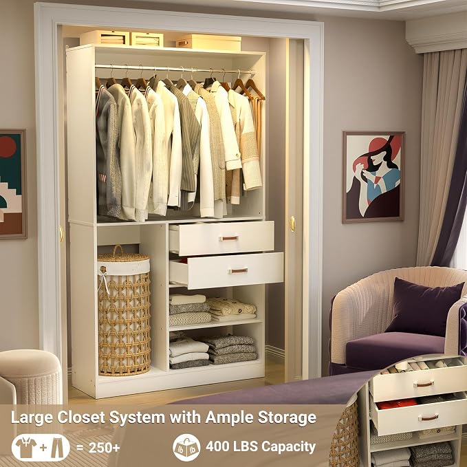 Armocity Freestanding Closet System with Suitcase Storage, 40 Inches Stand-Alone Wardrobe with 2 Wood Drawers, 80'' Height Adjustable Cloth Garment Rack, Walk-in Closet with Hanging Rod, White