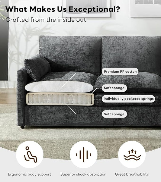 Iroomy Loveseat & 3 Seater, Chenille Cloud Couch, Modern Sofa, Comfy Plush Thick Cushions, Pocket Springs, Cloud-Like Comfort Sofas, Living Room Furniture Sets, Dark Gray
