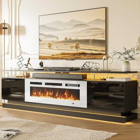 70" Fireplace TV Stand, Modern Entertainment Center for TVs Up to 80”, TV Console with Storage Cabinets, Media Console for Living Room,Black TV Stand and White Fireplace