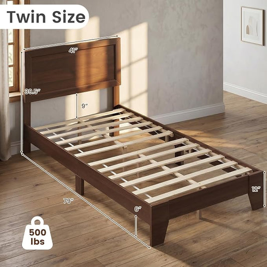 KOMFOTT Twin Size Bed Frame, Mid-Century Modern Platform Bed with Headboard, Wooden Slat Support Mattress Foundation, Under-Bed Storage Space, No Box Spring Needed (Walnut,Twin)