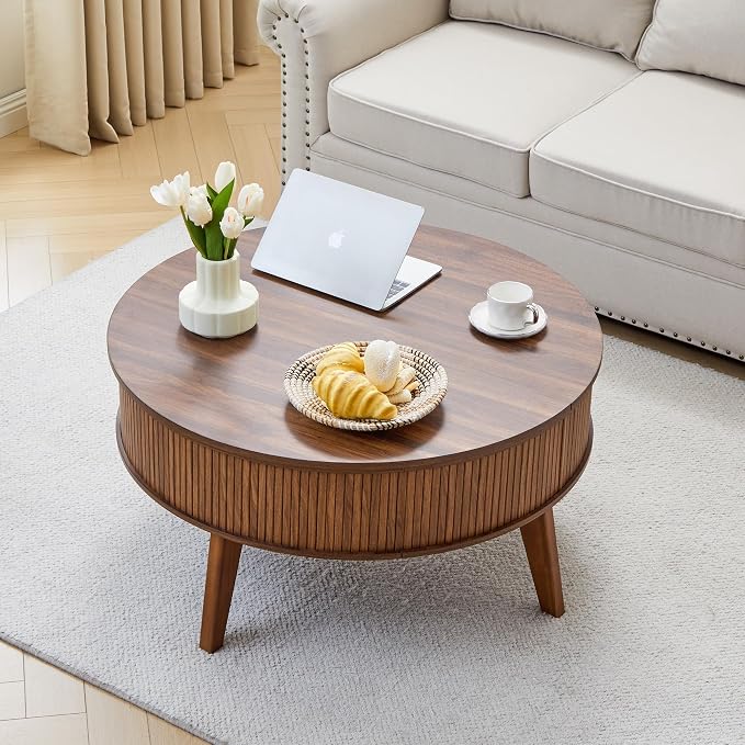 Round Lift Top Coffee Table with Storage, 35.4'' Fluted Wood Center Table Mid Century Modern Coffee Table with Lifting Top for Living Room, Office, Small Space (Walnut)